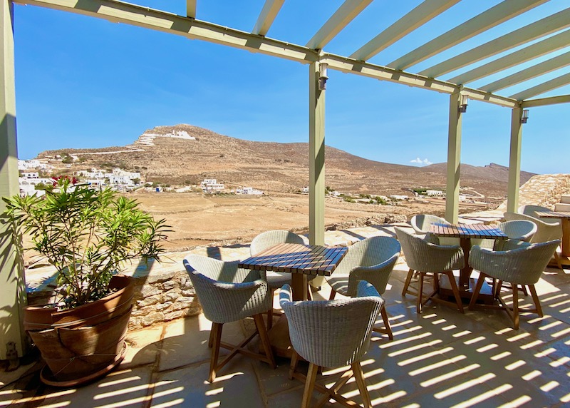 Lounge with a view of the Church of Panagia at Themonies Luxury Suites in Chora, Folegandros
