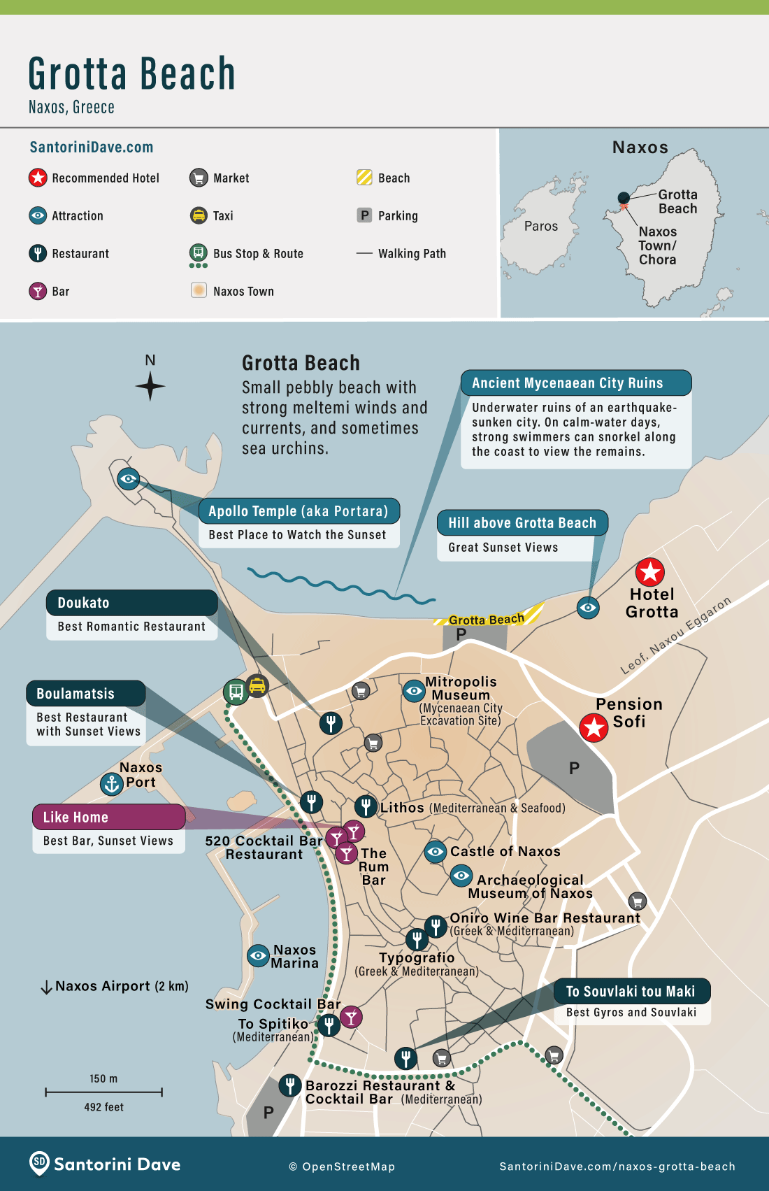 Map showing the facilities, restaurants, hotels, and landmarks around Grotta beach on Naxos.