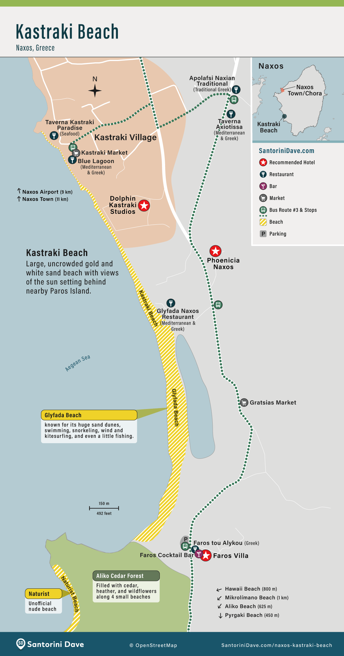 Map showing the best hotels and restaurants at Kastraki Beach on the island of Naxos