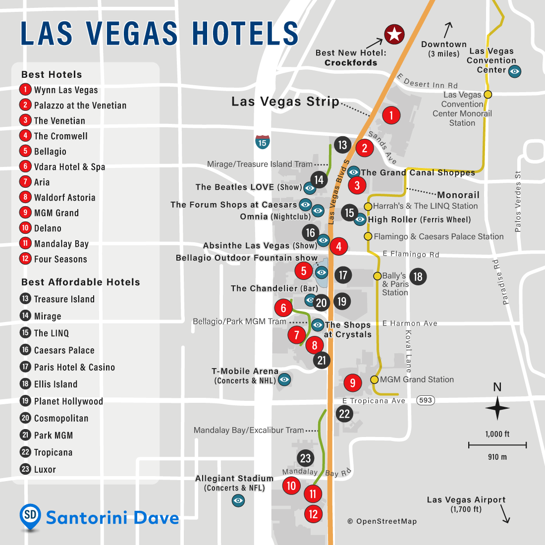 Map of resorts and hotels in Las Vegas.