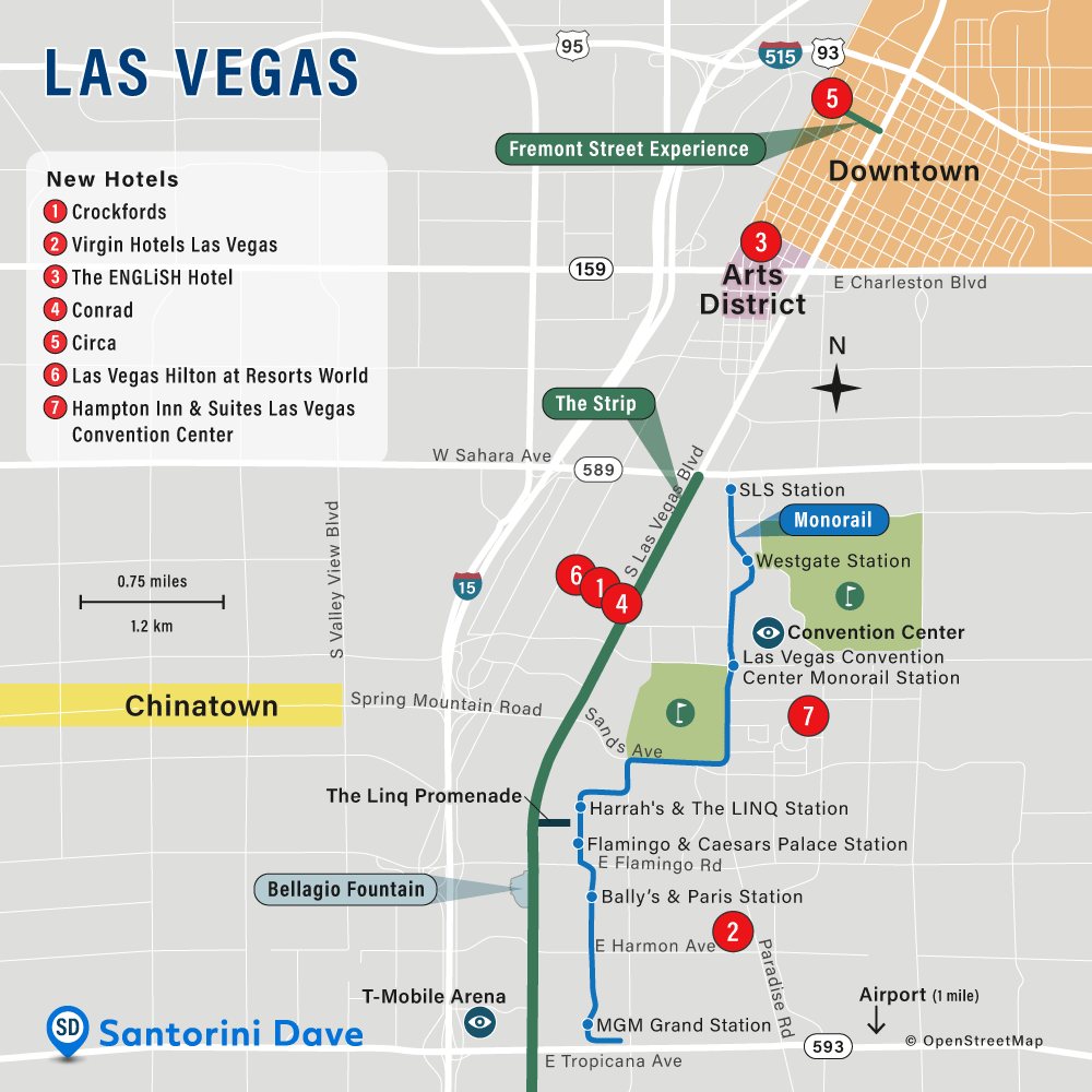 Map showing the best new hotels in Las Vegas, Nevada.