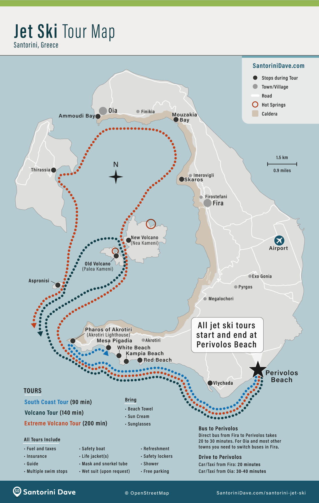 Map showing the route of jet ski tours on Santorini