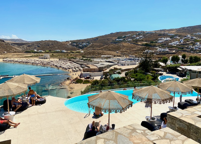 The pool and view from Panormos Village at Panormos Beach, Mykonos