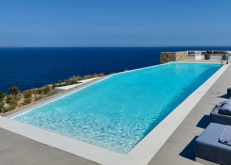 The pool and sea view from Radisson Blu Euphoria in Kalo Livadi, Mykonos