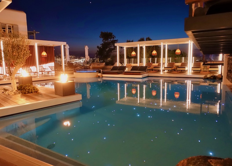 The main pool at night in Semeli Hotel in Mykonos Town