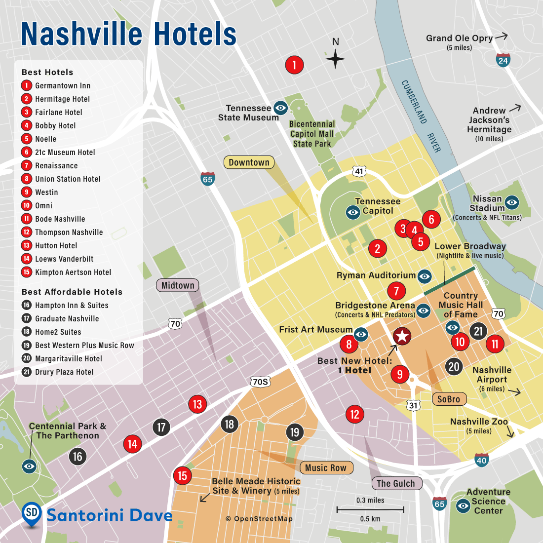 Map of Nashville Hotels and Neighborhoods