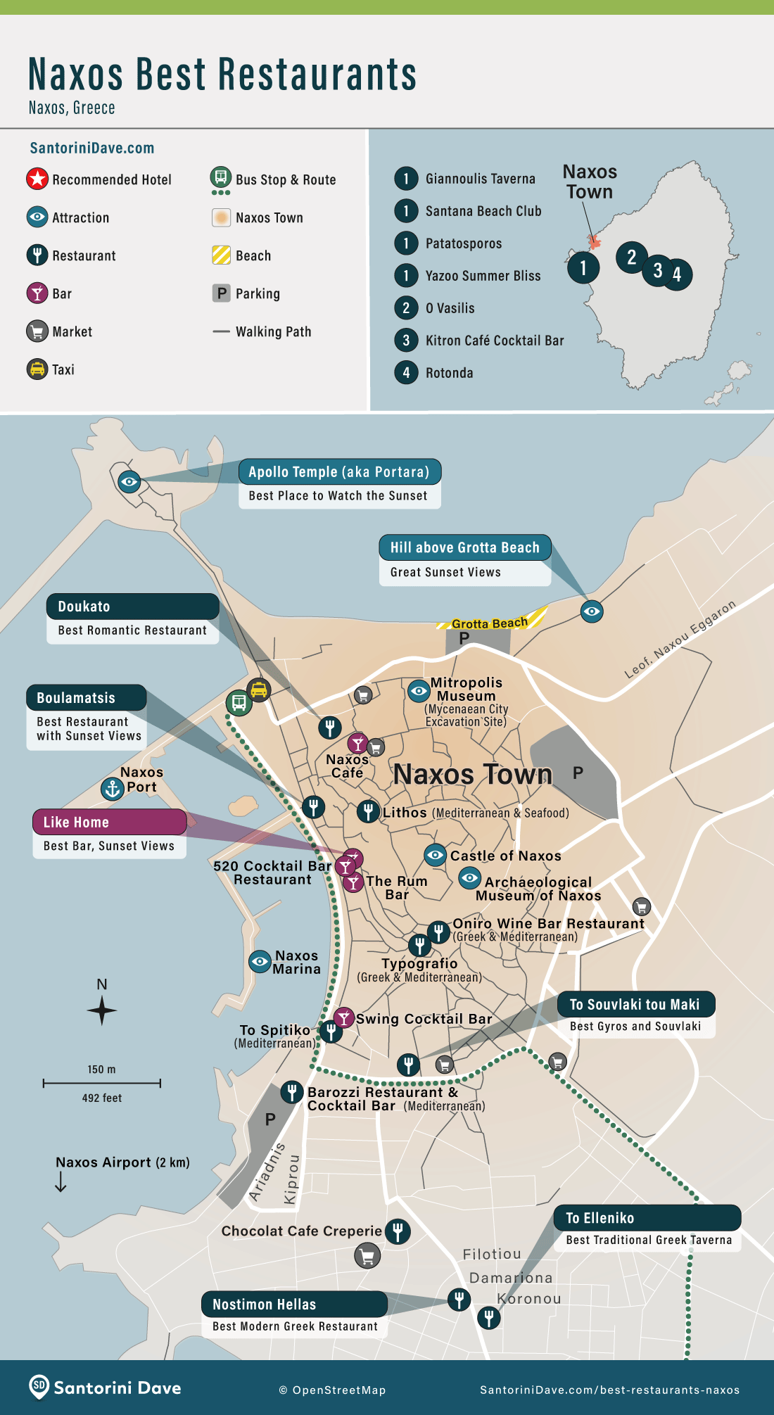 Map showing the locations of the best restaurants in Naxos, Greece.