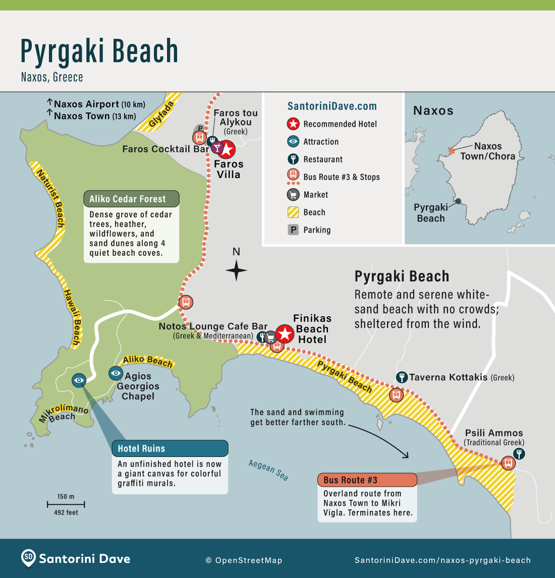 Map showing restaurants, hotels, and facilities at Pyrgaki Beach on Naxos