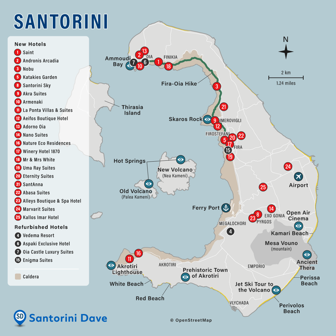 Map showing the locations of the best new hotels on the island of Santorini