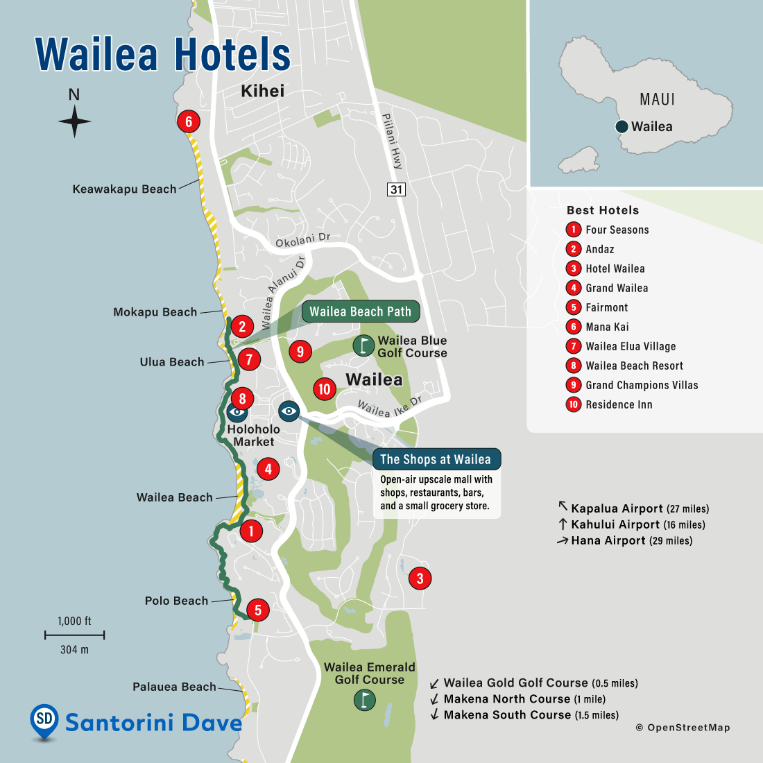 Map of hotels and beach resorts in Wailea, Maui, Hawaii.