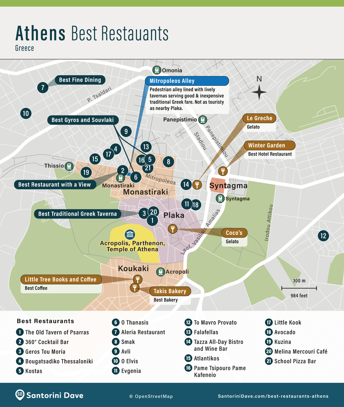 Map showing the locations of the 21 best restaurants in Athens, Greece.