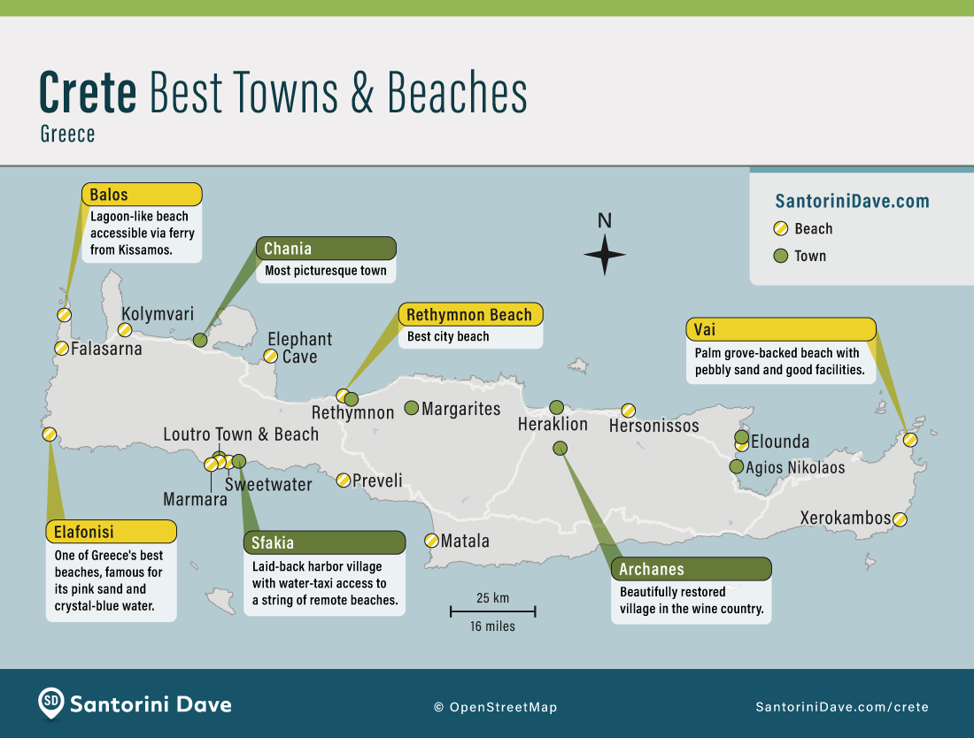 Map showing the locations of the best towns, villages, and beaches for travelers to Crete, Greece.