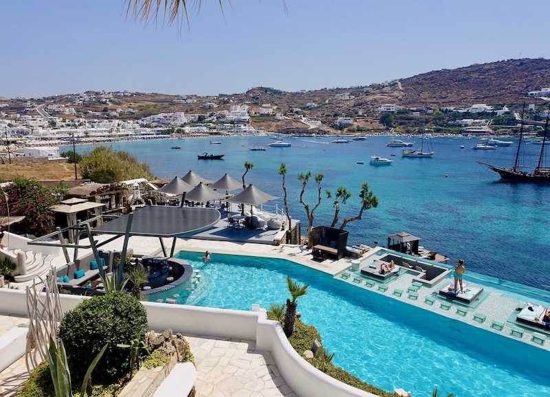 The pool and view from Kivotos Hotel in Ornos, Mykonos