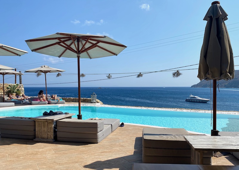 Pool and sea view from Salty Houses in Kalo Livadi, Mykonos