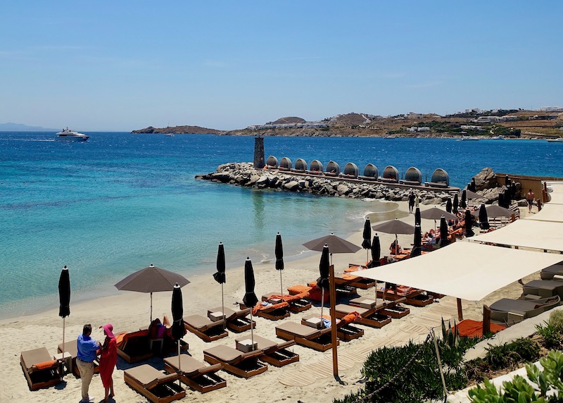 The beach club at Santa Marina Resort at Ornos Bay in Mykonos