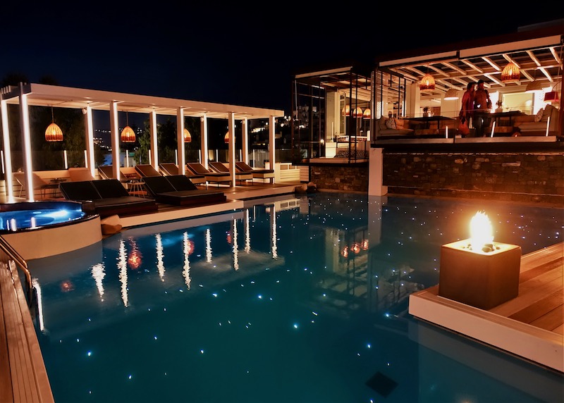 The main pool lit at night at Semeli Hotel in Mykonos Town