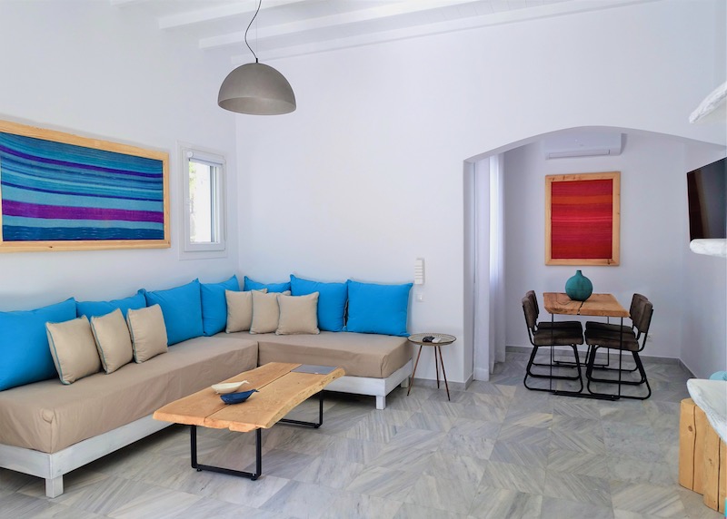 Living room of a two-bedroom apartment at Mykonos Town Suites in Mykonos Town