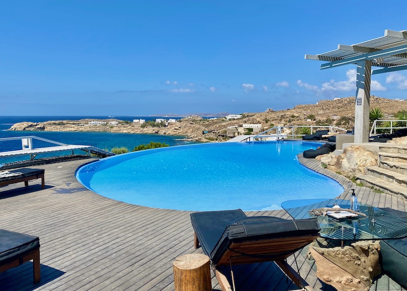 Pool and view from Votsalaki Resort in Paradise Beach, Mykonos