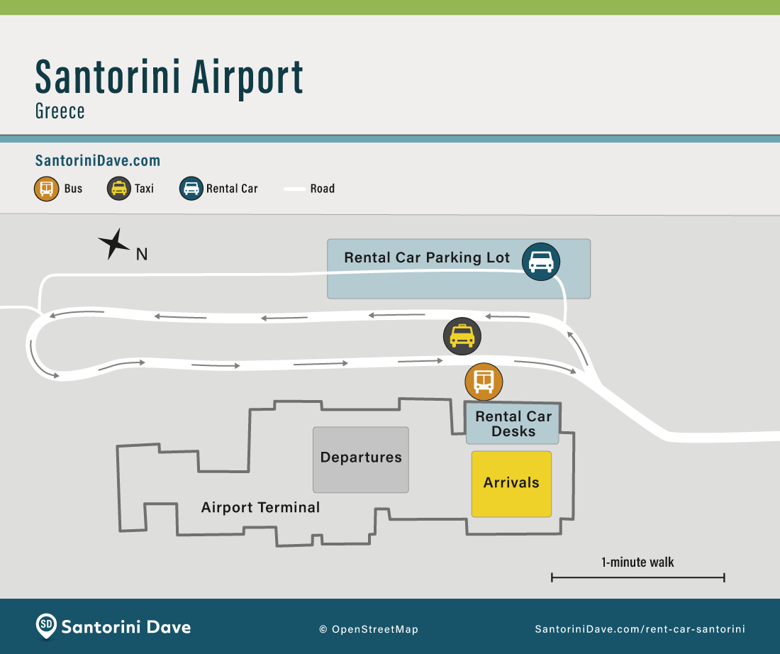 Map of rental cars at Santorini Airport.