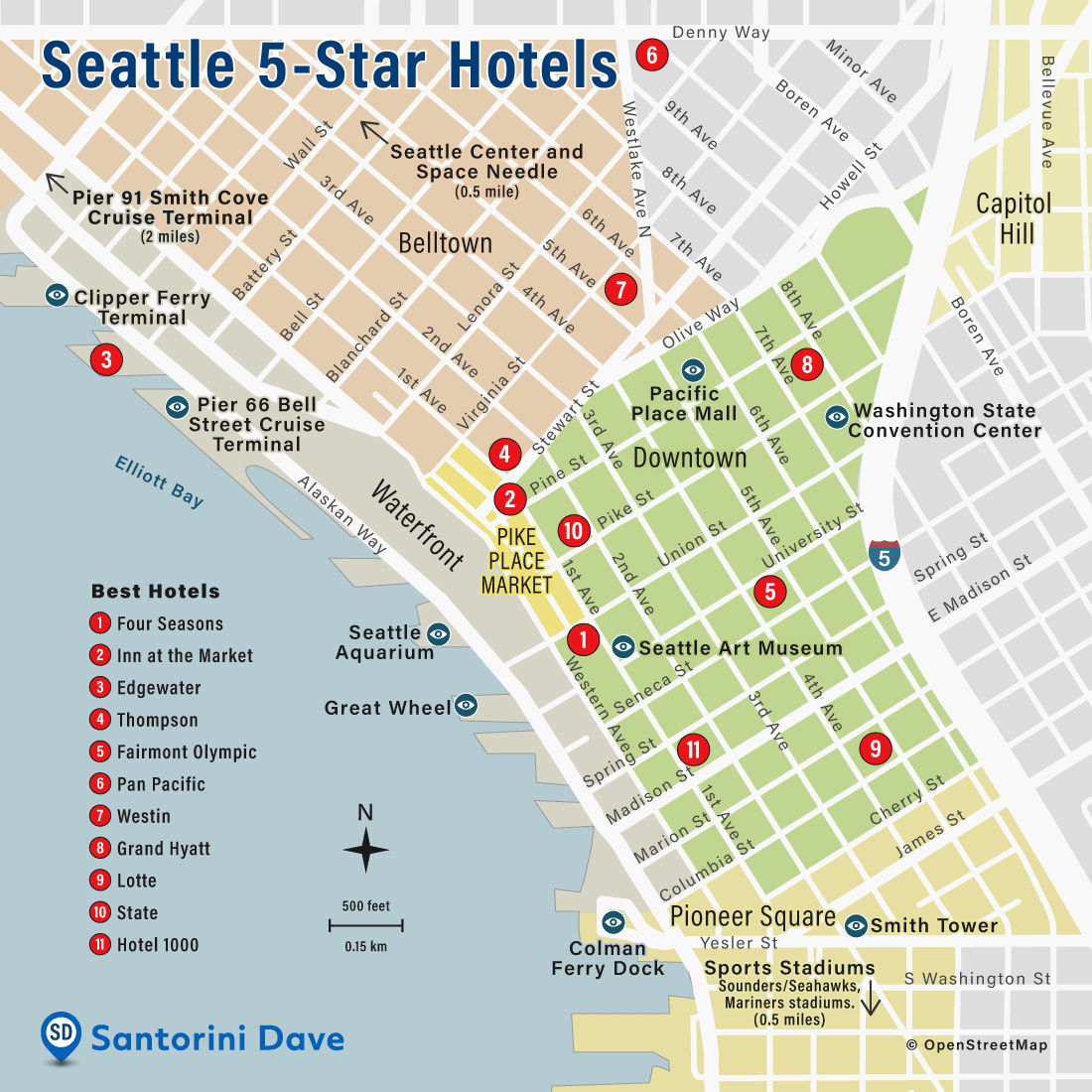 Map of Seattle 5-star Hotels.