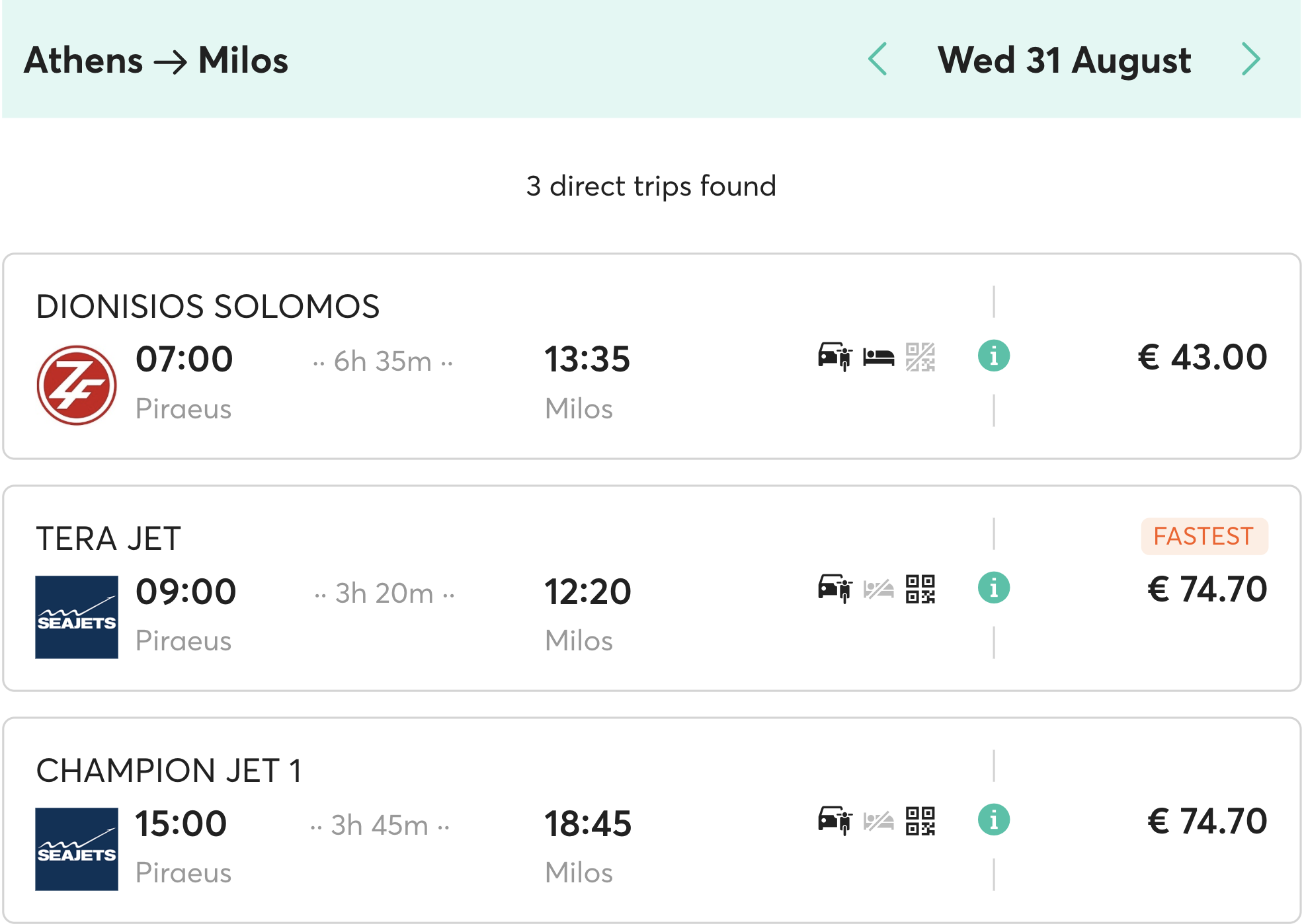Ferry prices and schedule for Athens to Milos.
