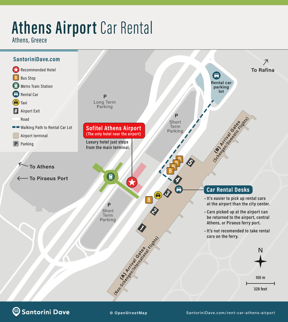 Map of where to rent a car at the Athens Airport in Greece.