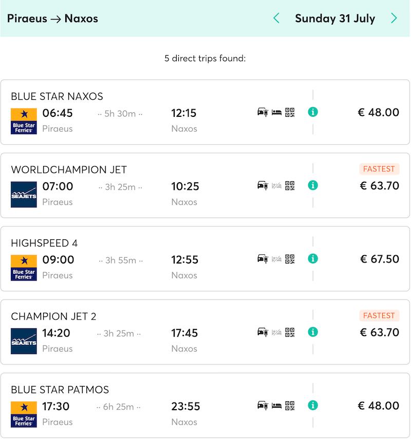 Ferry prices and schedule for Athens to Naxos.