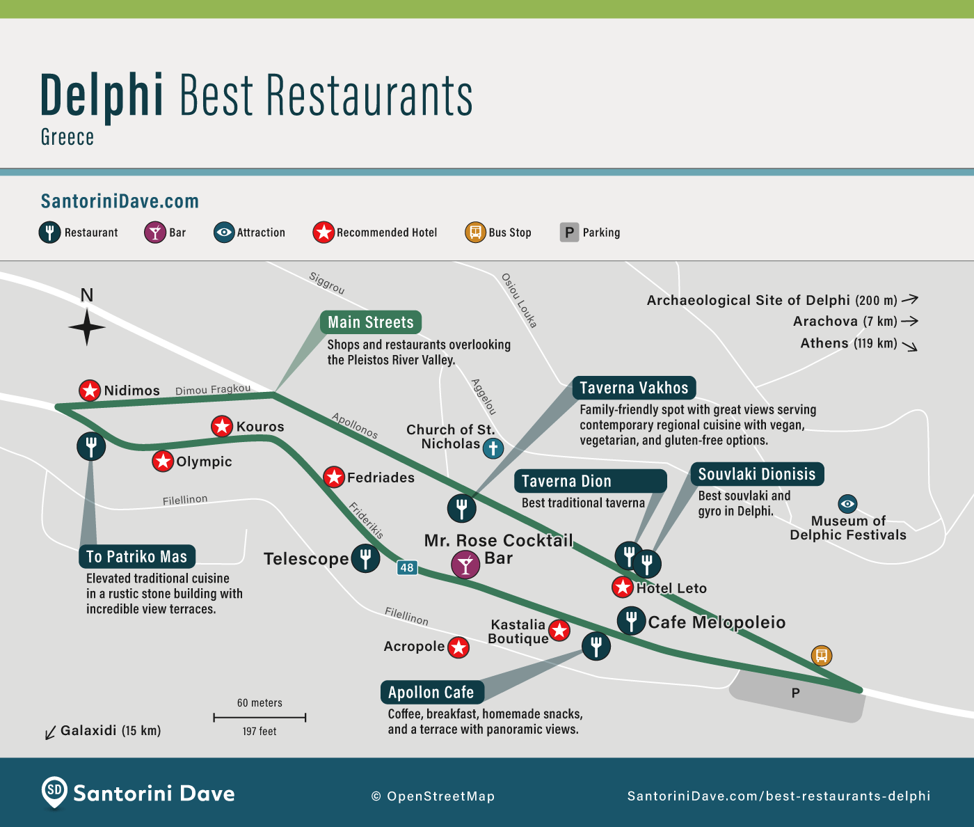 Map showing the location of the top restaurants in Delphi, Greece, along with hotels and attractions.