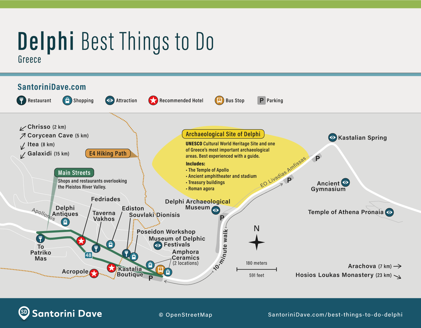 Map of historic sites and other attractions in Delphi, Greece