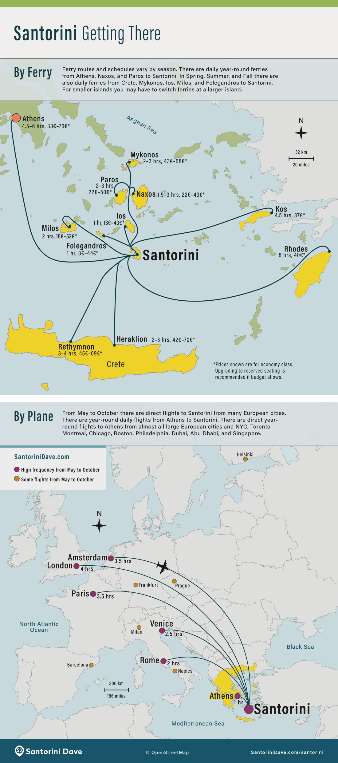 Map showing possible air and sea routes to Santorini, Greece