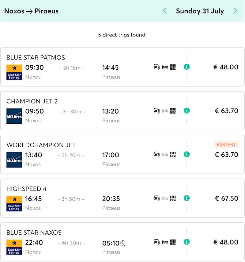 Prices and schedule for Naxos to Athens ferries.
