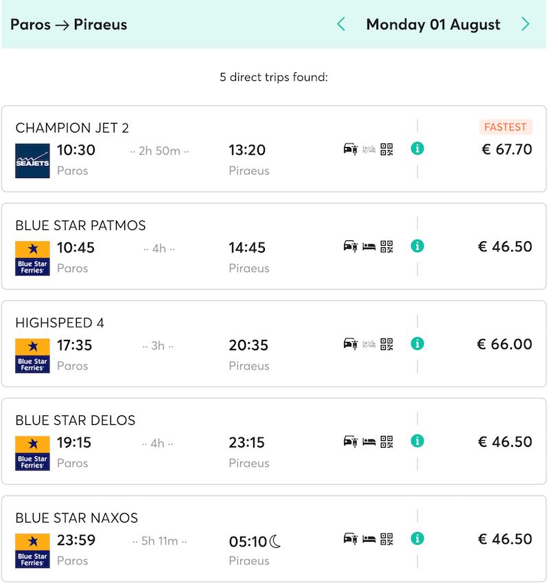 Paros to Athens ferry schedule and prices.