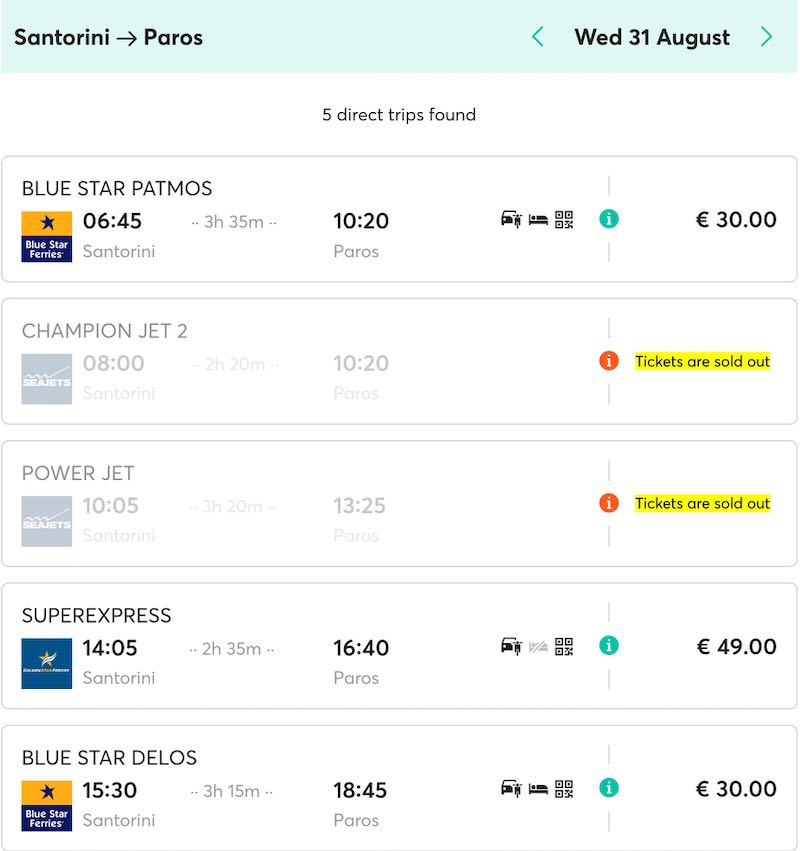 Santorini to Paros ferry schedule and prices.