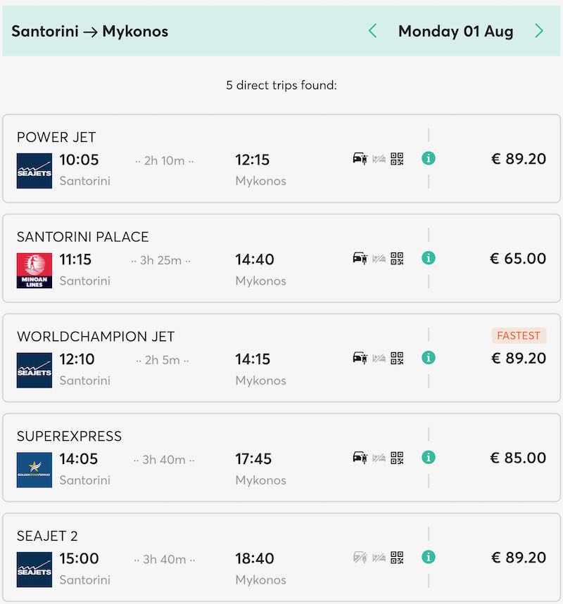 Santorini to Mykonos Ferry Schedule and Prices.