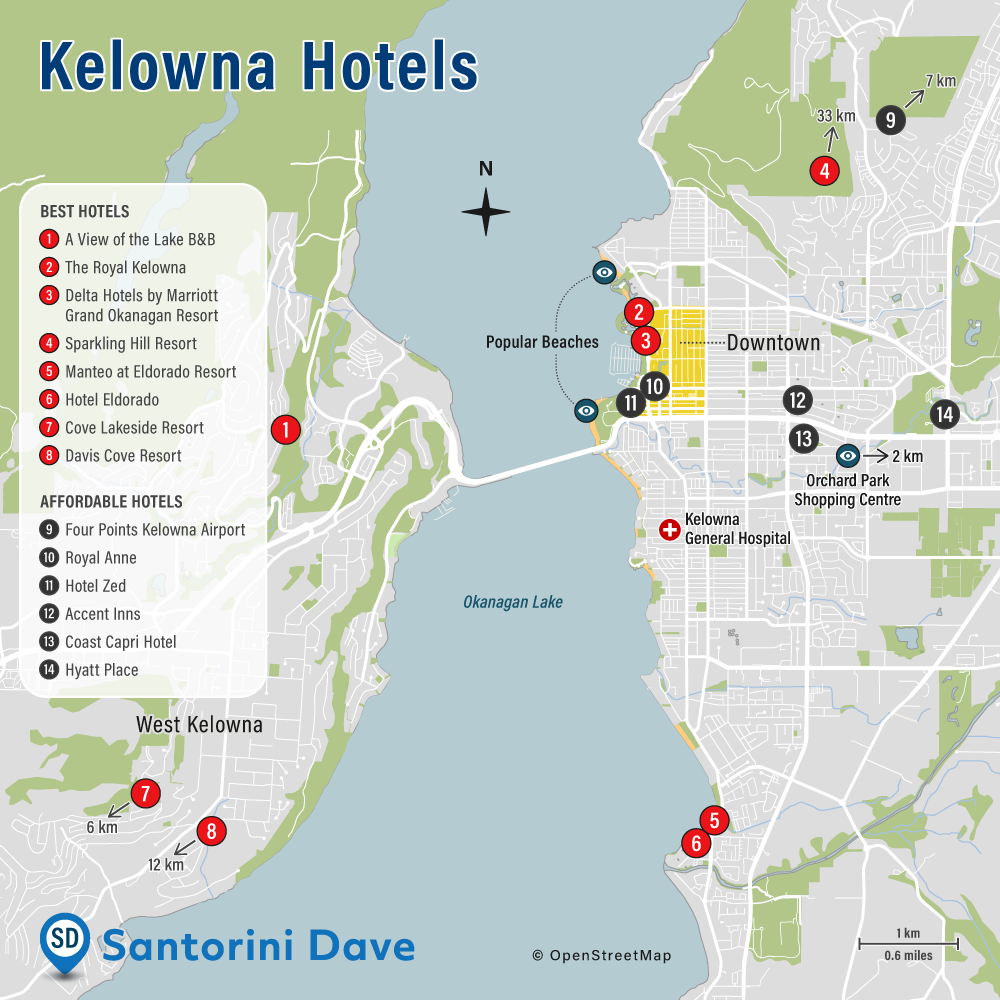 Map of hotels in downtown Kelowna, BC, Canada.
