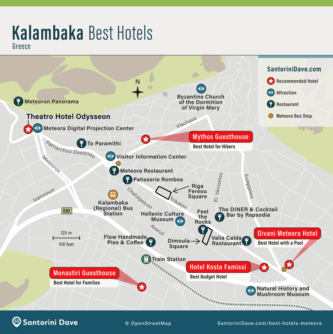 Map showing the locations of the best hotels, restaurants, and attractions in Kalambaka, Greece