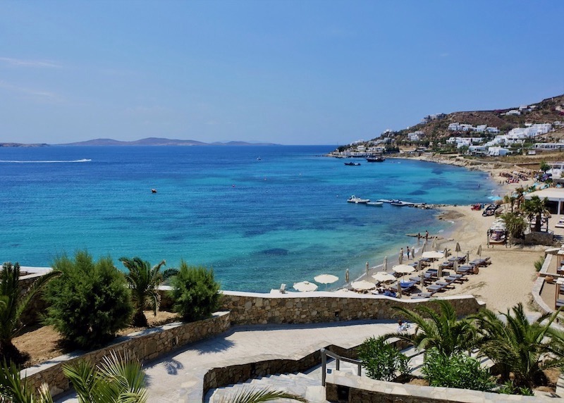 View of the private beach club of Mykonos Grand in Agios Ioannis