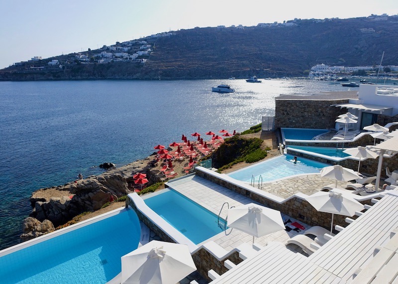 Private pools overlooking the private beach of Petasos Beach Resort on Platis Gialos, Mykonos