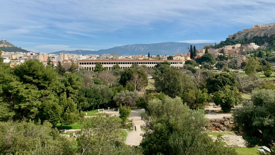 View of the Stoa of Attalos from the Temple of Hephaestus.