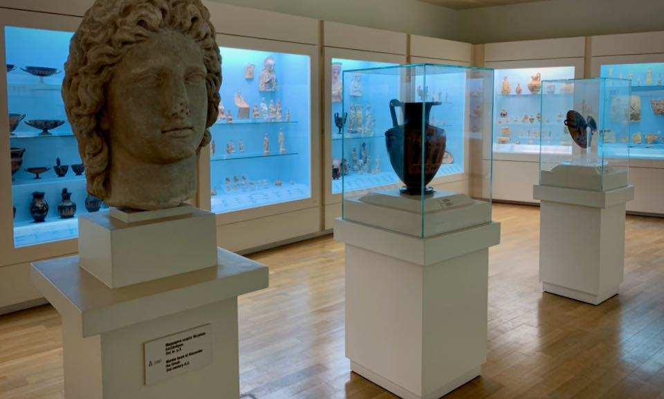 Museum gallery with display cases and busts on pedestals