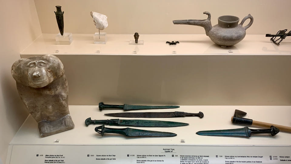 Early tools on display in a museum case