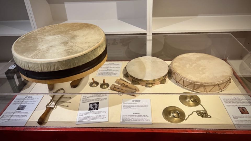Percussive instruments in a museum display case
