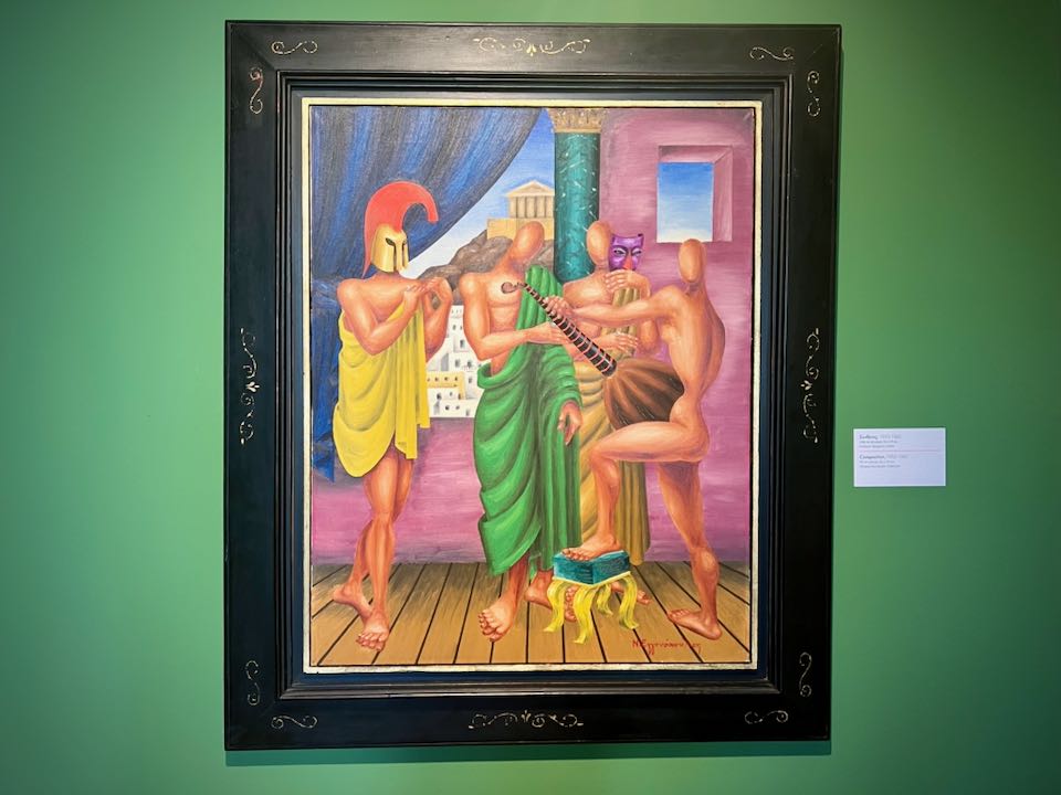 Colorful and stylized painting of Greek figures, hung on a green wall