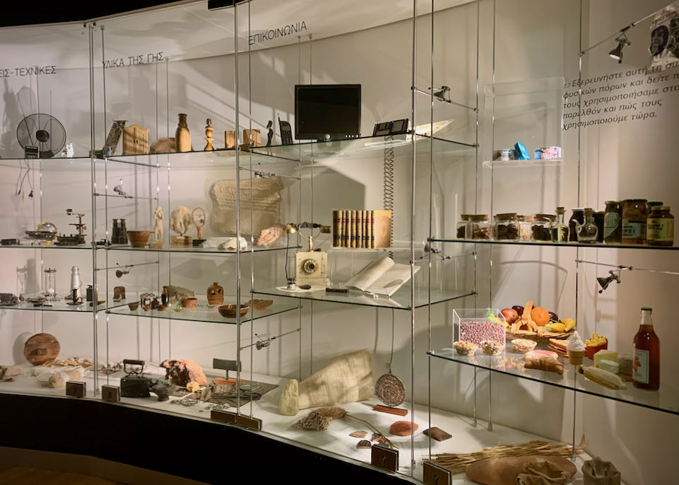 Environmental articles and artifacts on display in a museum case