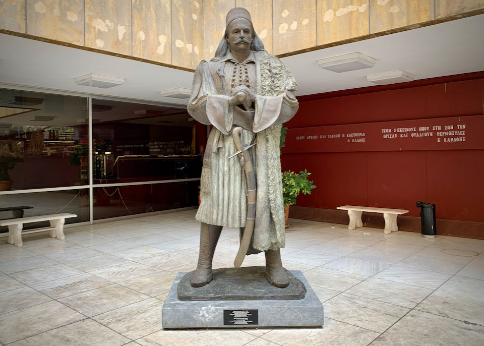Statue of a prominent Greek military general on display in a museum