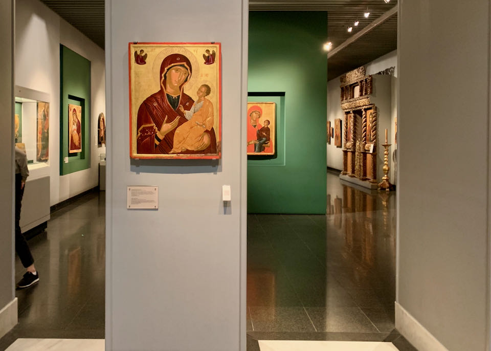 Greek iconic religious art displayed in a museum