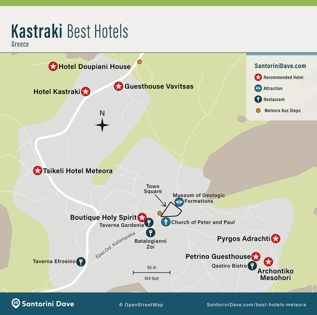 Map showing the locations of the best hotels and restaurants in Kastraki Village near the Meteora