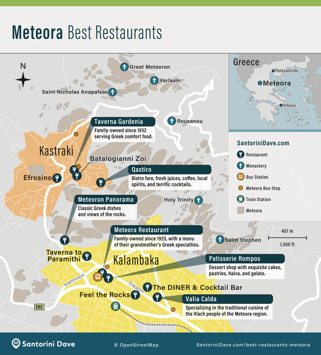 Map showing the locations of the best restaurants in Kalambaka and Kastraki near the Meteora