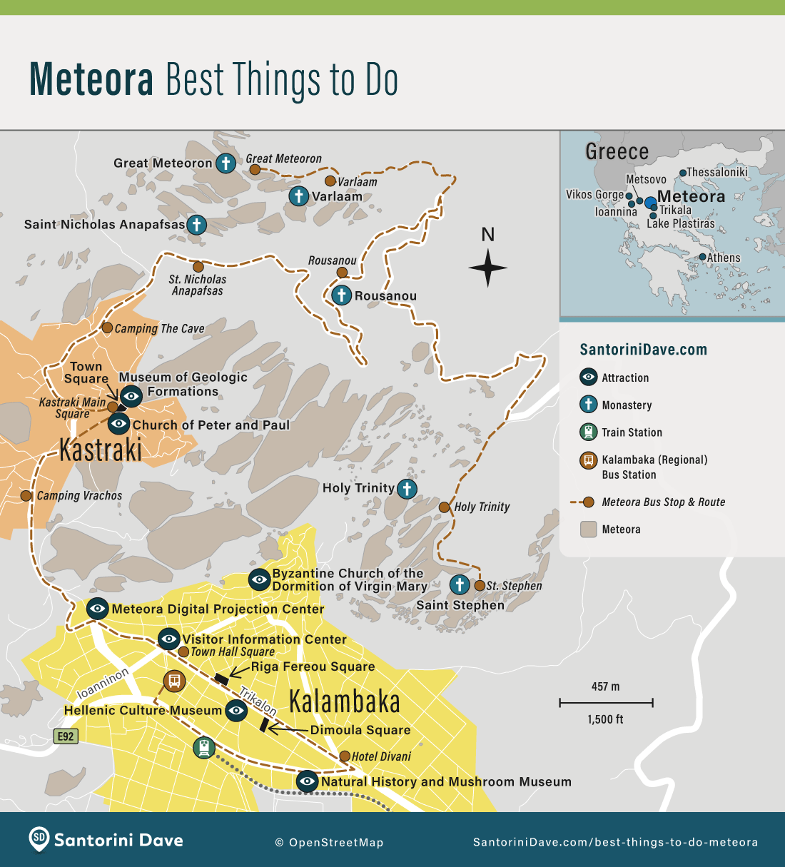 Map showing the locations of the 6 Meteora Monasteries, as well as other local museums and attractions, and the local bus route.