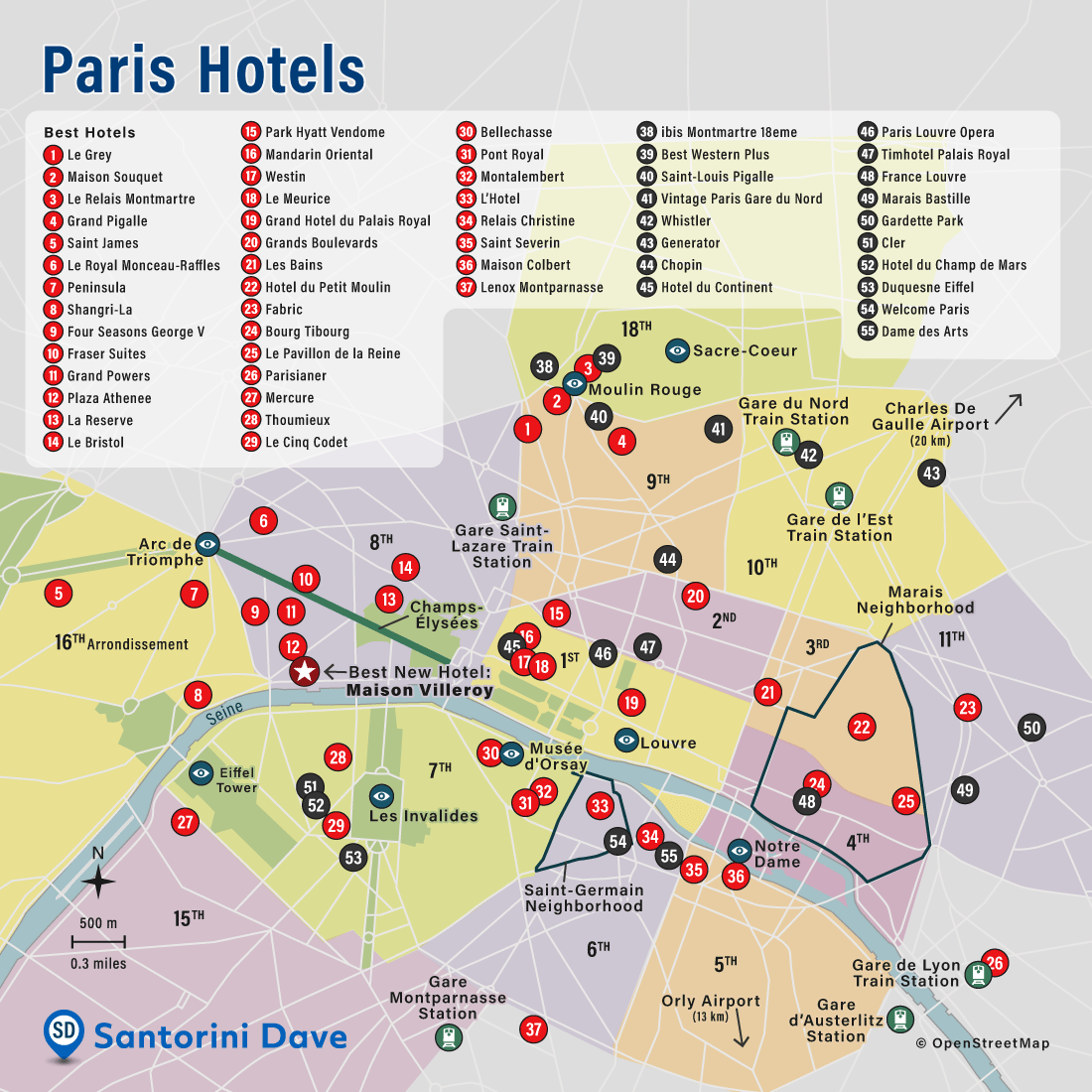Map of luxury, affordable, and best new hotels in Paris
